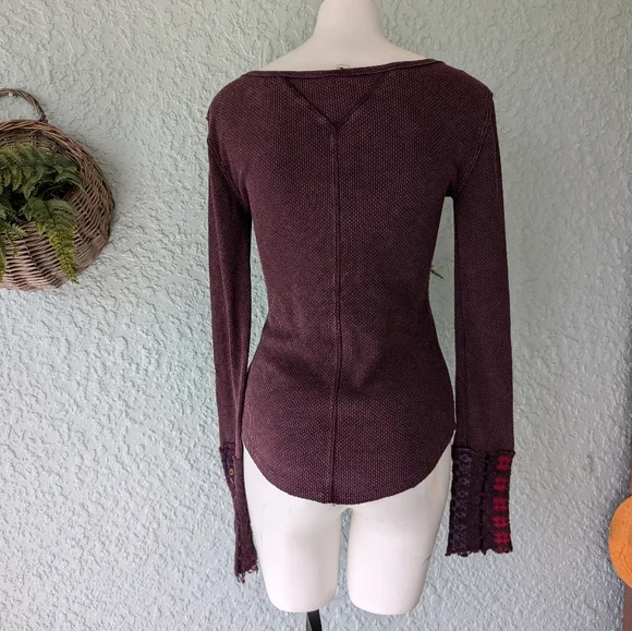Free People Art School Embroidered S V-Neck Thermal Waffle Knit Long Sleeve Top - Picture 5 of 9
